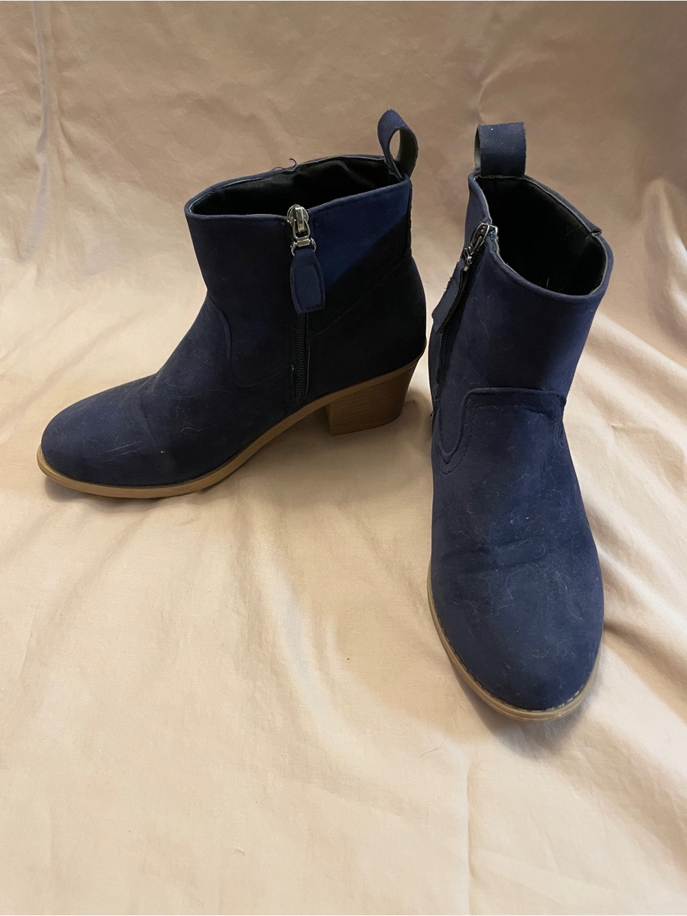Women's Navy Suede Ankle Boots - Side Zip